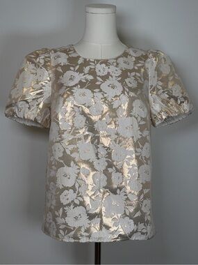New! J.Crew Jacquard Puff-Sleeve Top Ivory & Gold Metallic Floral Women’s XS